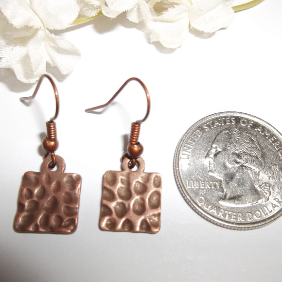 Boho Copper Earrings Dangle Hammered Metal Square Minimalist Style Dangle 3683 - Picture 2 of 7